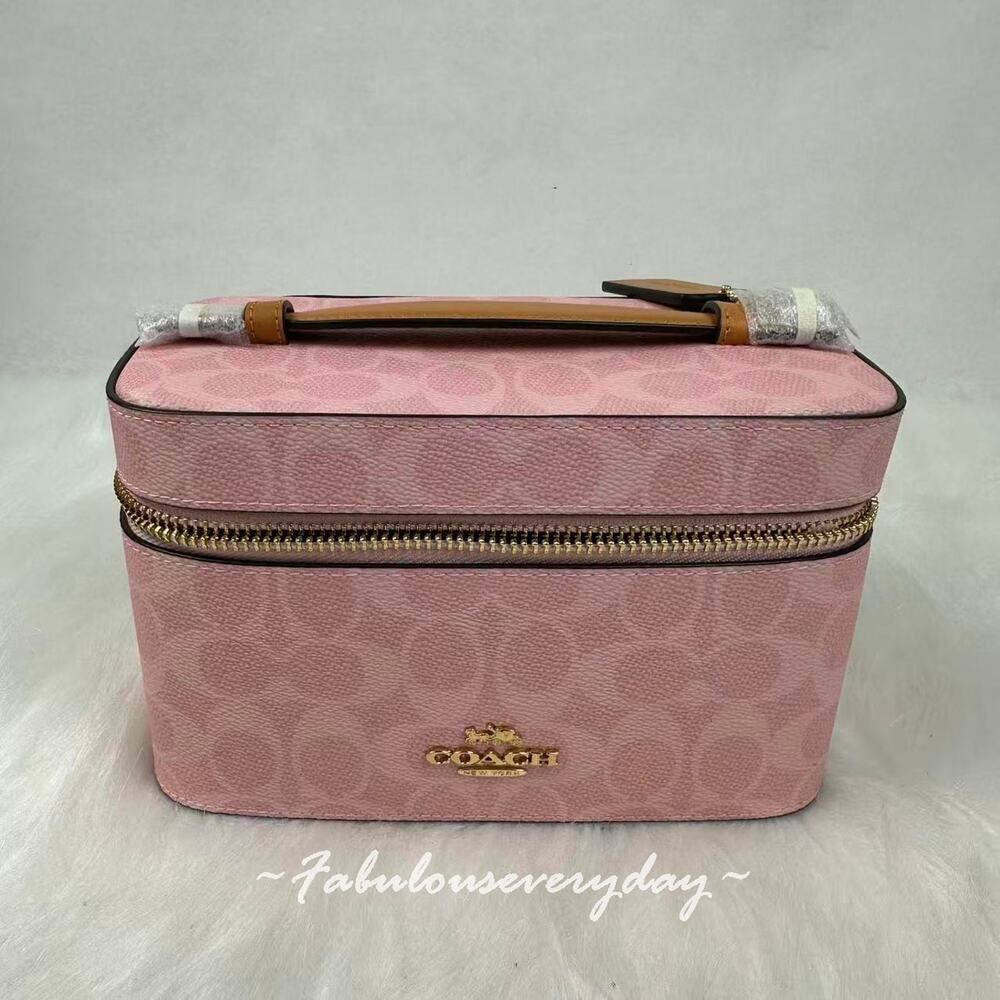Coach Cosmetic Case In Signature Canvas Gold Powder Pink CEA56 NWT
